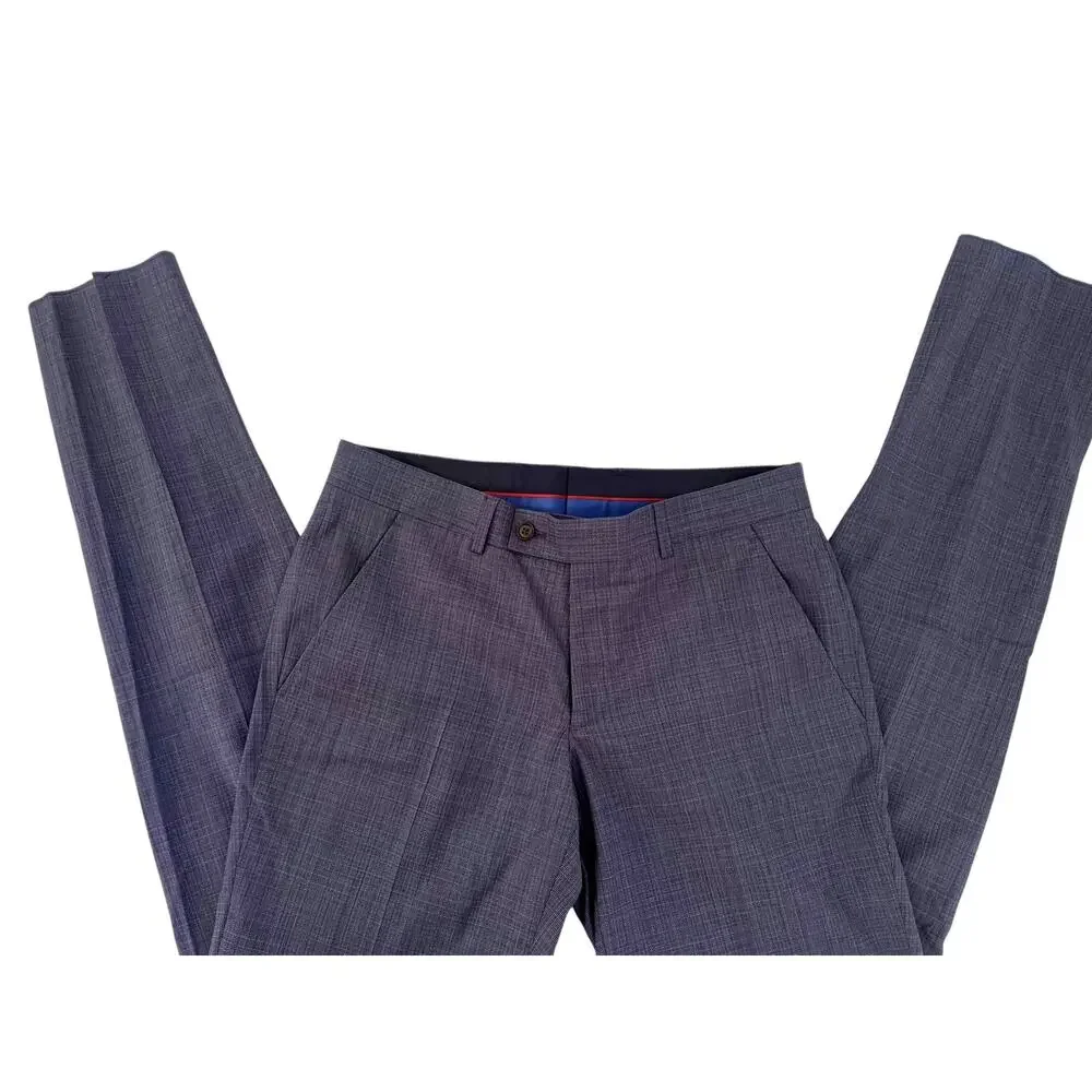 Ted Baker Karl Slim Fit 100% Wool Dress Pants, Micro Plaid Blue | 33 Short Unhem - Picture 14 of 14